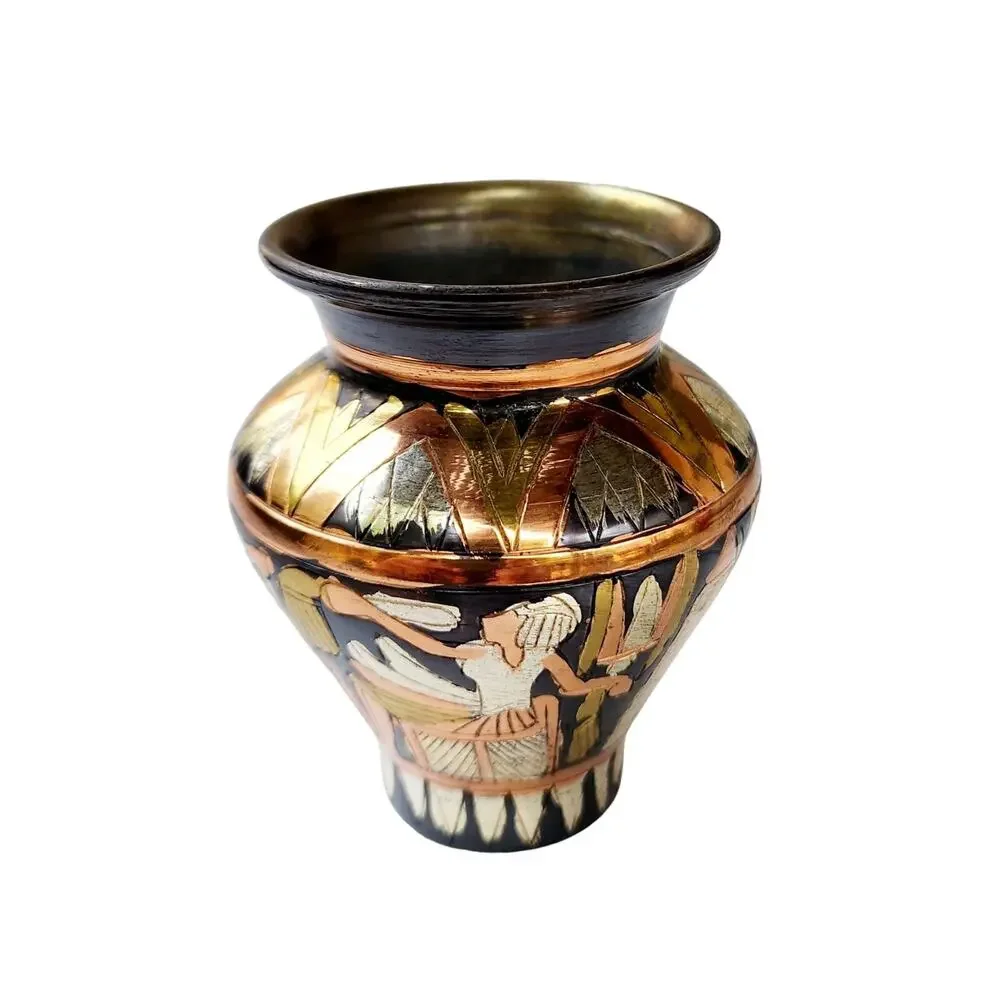 Vintage Egyptian Revival Engraved Brass Copper Bud Vase | Global Boho Decor
